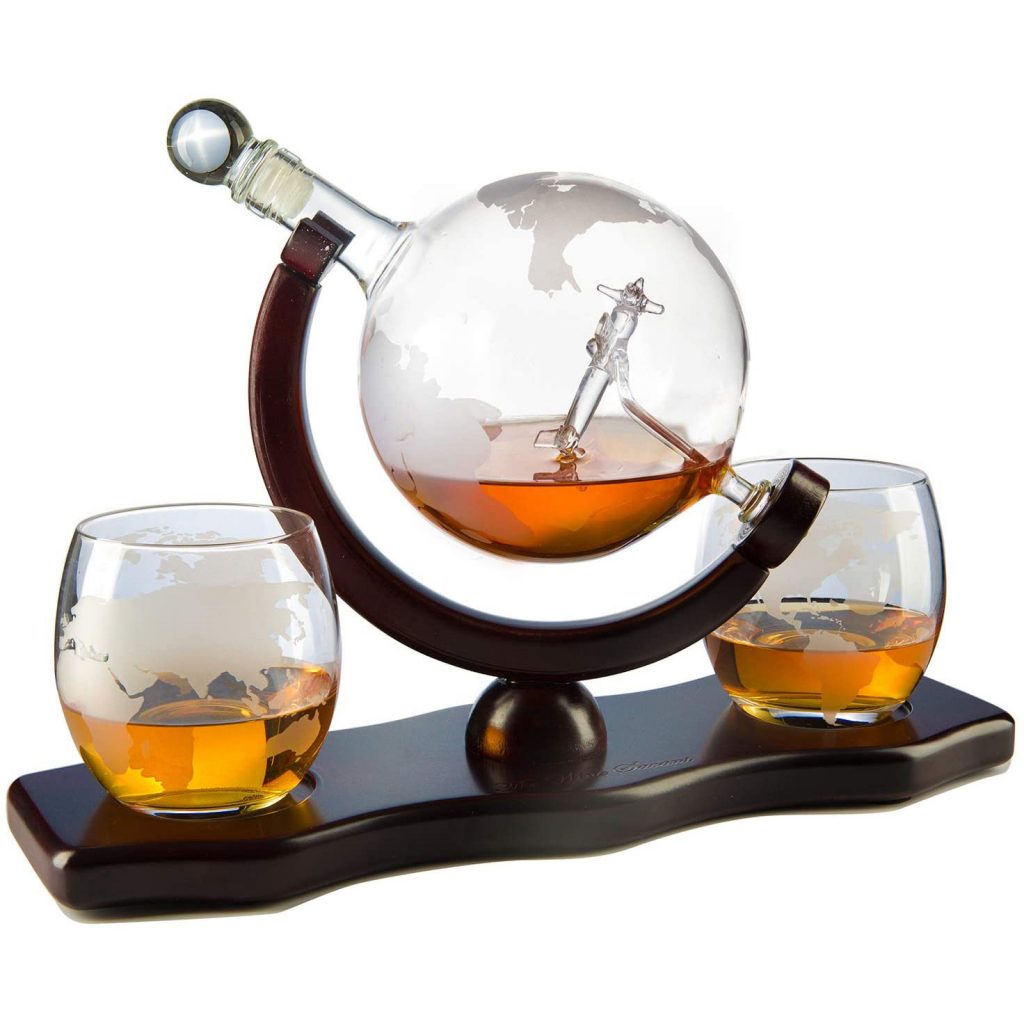 Etched World Globe Whiskey Decanter Set Antique Airplane DecanterX