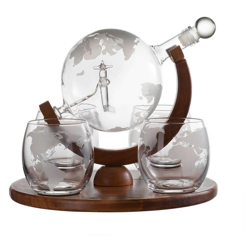 Etched World Globe Decanter with Antique Airplane DecanterX